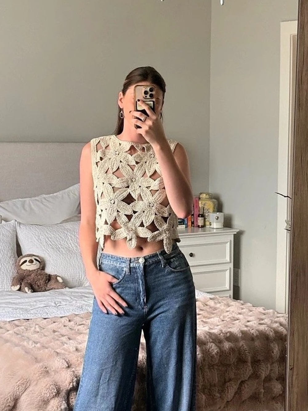Rebellion Floral Crochet Crop Top Cream XS NWT